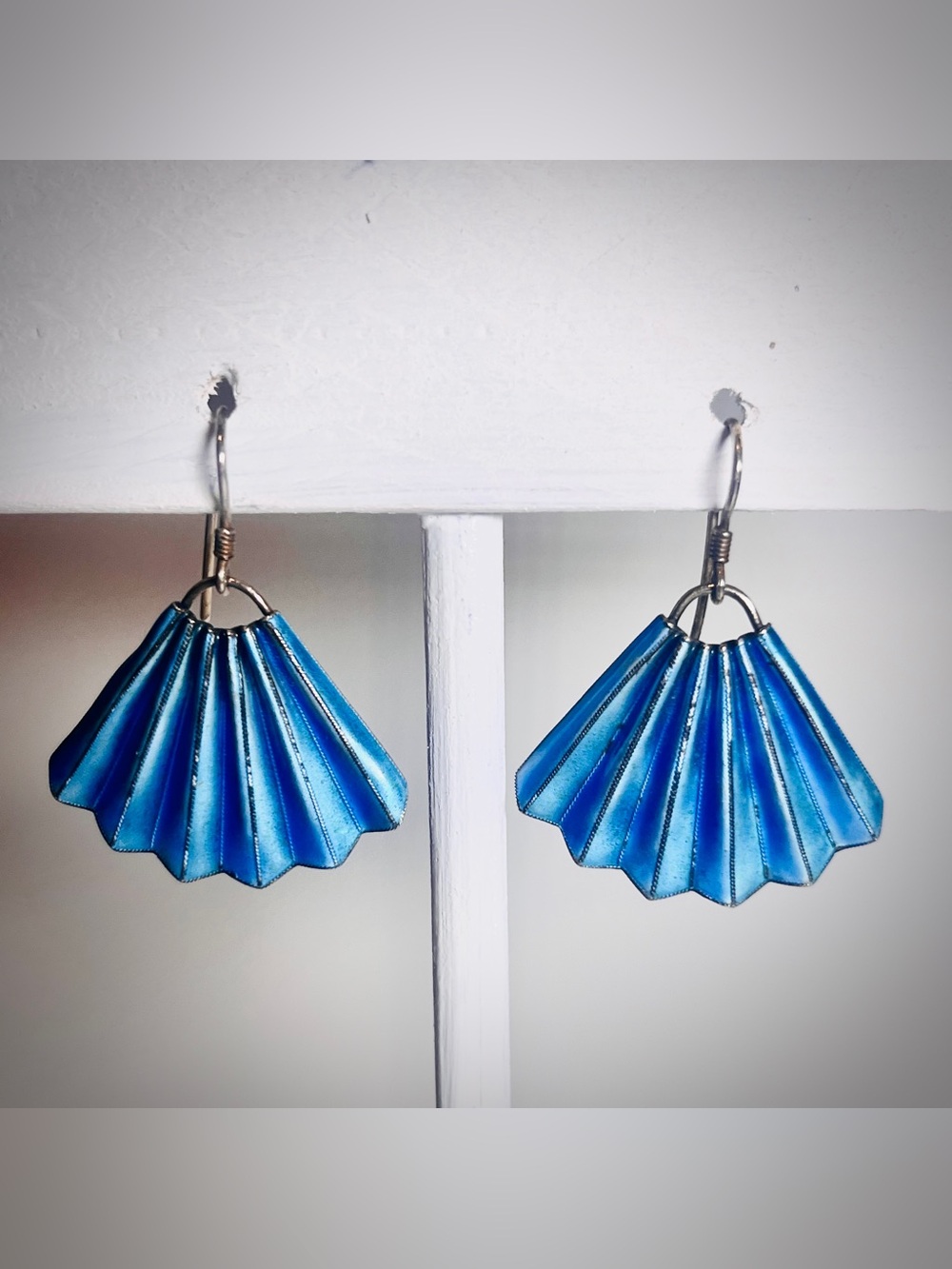 Vintage 1960s Bright Blue Earrings | Metal Pleat-Folded Enamel Fans, Silver Hook